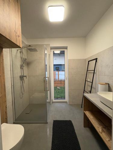 a bathroom with a shower and a toilet and a sink at MAZURSKi DOM NAD WODĄ 