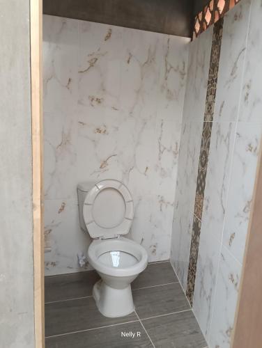 a white toilet in a bathroom with marble walls at Alojamiento Rionegro in Rionegro