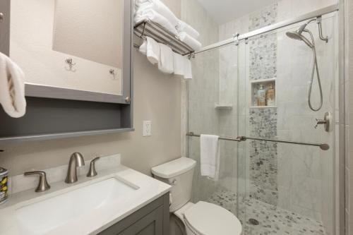 a bathroom with a shower and a toilet and a sink at Great Location! Downtown WP with Hot Tub! Sleeps 6! in Winter Park