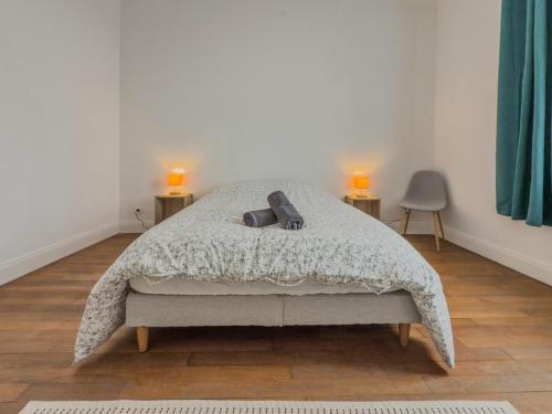 een slaapkamer met een bed met twee lampen erop bij Loft Parking included in Metz