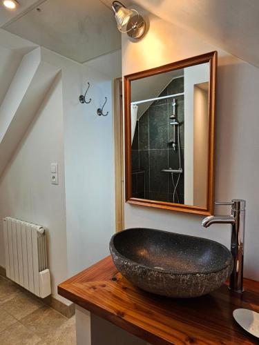 Gîte Le p'tit nid de Montachon, Saulieu, Morvan في Saint-Didier: حمام مع حوض حجري ومرآة