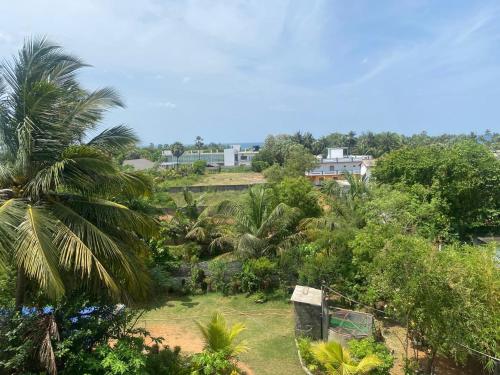 een luchtzicht op een tuin met palmbomen bij Green inn Trinco in Uppuveli