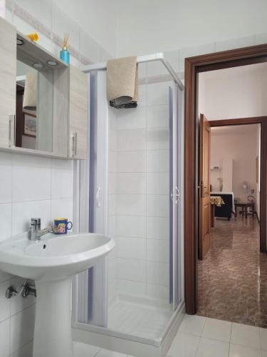 a bathroom with a sink and a glass shower at La casa di Sergiò in Belgioioso