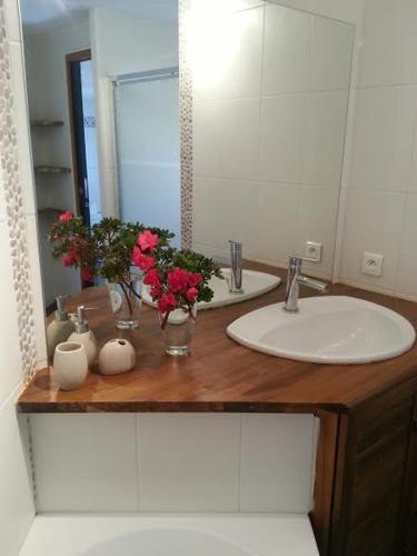 une salle de bain avec un lavabo, un miroir et des fleurs dans l'établissement La Pause Bleue, à Dinard