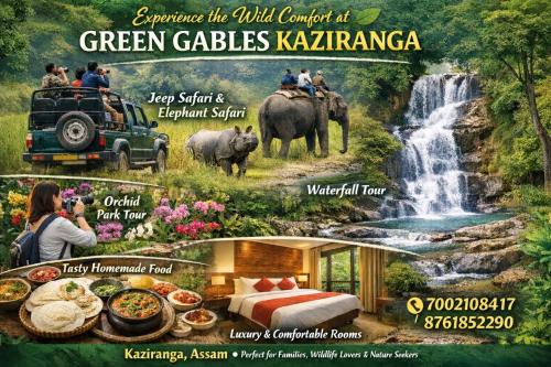 Un folleto para un complejo turístico de col verde en Kkarma con cascada. en Green Gables Kaziranga, en Kāziranga