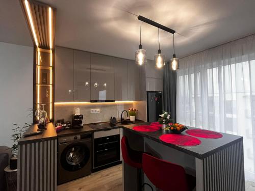 a kitchen with a table with a washing machine in it at Green Residence Rasnov in Râşnov