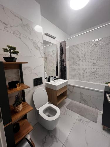 a bathroom with a toilet and a sink and a tub at Apartament Ariana Rasnov in Râşnov