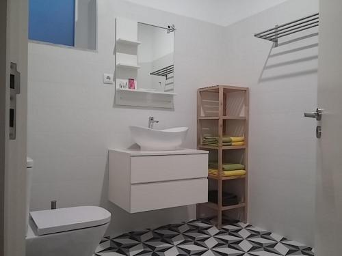 ポルトにあるOporto Downtown Apartmentの白いバスルーム(洗面台、トイレ付)