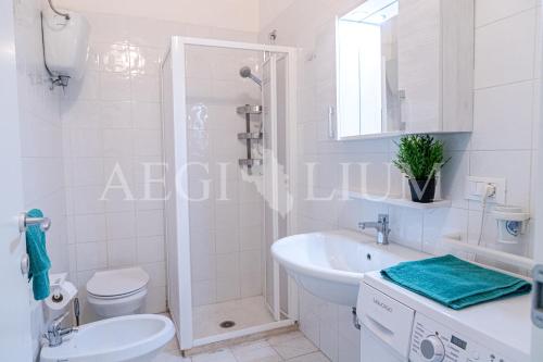 ein weißes Badezimmer mit Dusche und Waschbecken in der Unterkunft Pesciolino Bianco in Campese