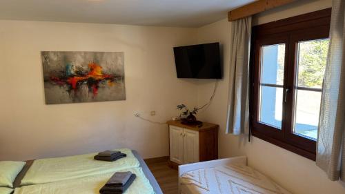 a bedroom with a bed and a tv and a window at Gemütliches Apartment - Kanzelhöhe - Gerlitzen in Treffen