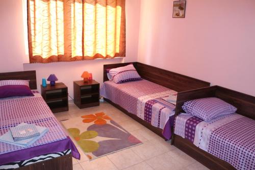 a bedroom with two beds and a rug at Hostel Victoria in Silistra