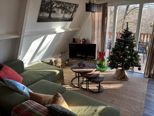 een woonkamer met een kerstboom en een bank bij Charming Chalet Whistler in the Heart of Durbuy in Durbuy