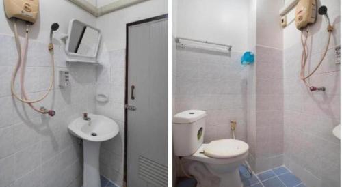 Ban Tao ThanにあるOYO 654 Samanmit Inn Hotelのバスルーム(トイレ、洗面台付)の写真2枚