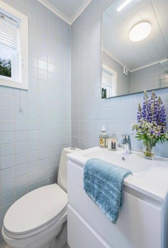 a white bathroom with a toilet and a sink at A Cozy Nordic Home in Ålset