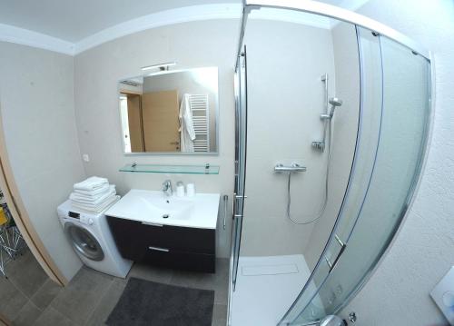 a bathroom with a sink and a shower with a mirror at Apartment Livingstone in Rijeka