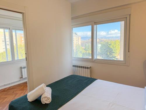 een slaapkamer met een bed en twee ramen bij Velasco Urban Lodge - Turistea in Huesca