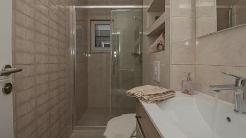 a bathroom with a glass shower and a sink at Villa Petar Zagvozd - Makarska by Villas Guide in Zagvozd