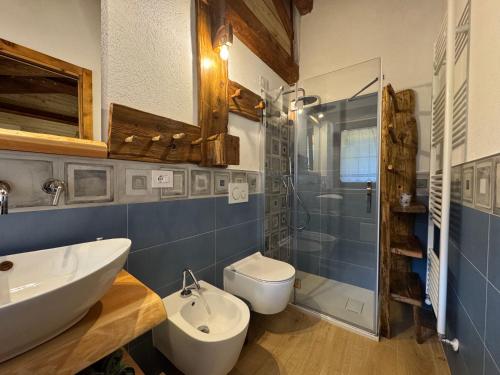 een badkamer met een wastafel, een toilet en een douche bij Baita Mot in Marmora