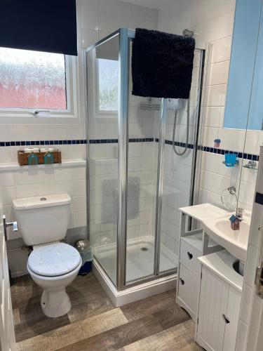 a white bathroom with a shower and a toilet at Sandcastle Chalet in Bridlington