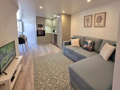 a living room with a gray couch and a television at Aconchego da Vila in Castelo de Vide