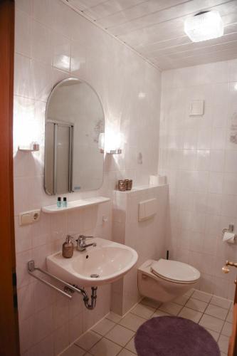 a white bathroom with a sink and a toilet at Lichtenauer Hof in Thyrnau