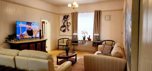 TV a/nebo společenská místnost v ubytování Luxury farm stay with outdoor jacuzzi