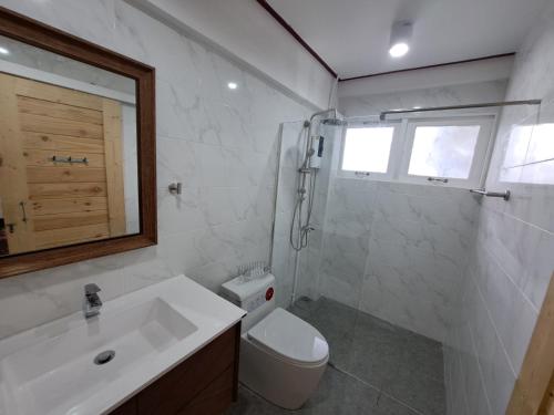 een badkamer met een toilet, een wastafel en een spiegel bij Casa Scarlet in Bangkok
