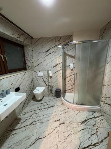 a bathroom with a shower and a sink and a toilet at EC Hotel Elchingen in Elchingen