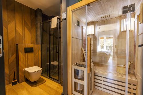 a small bathroom with a toilet and a shower at Dolina Szczęścia Apartamenty Pine - Dream Apart in Szklarska Poręba