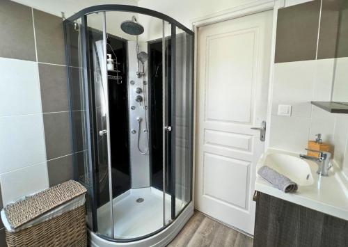 een badkamer met een douche en een wastafel bij Appartement Centre Saint-Omer, Parking privé gratuit in Saint-Omer