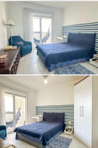 two pictures of a bedroom with blue beds in it at Aproveitando o Sol e o Mar de Torres in Torres
