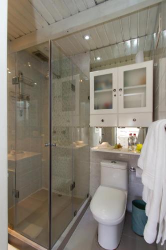 a bathroom with a toilet and a glass shower at The Penthouse Lodge in Quito