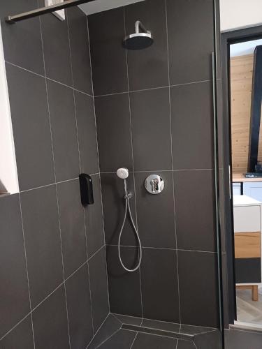 a shower with a shower head in a bathroom at A frame Alba Iulia in Alba Iulia