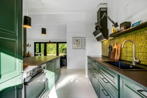 a kitchen with green cabinets and a sink at Summer House In Houstrup With Scenic Views in Nørre Nebel