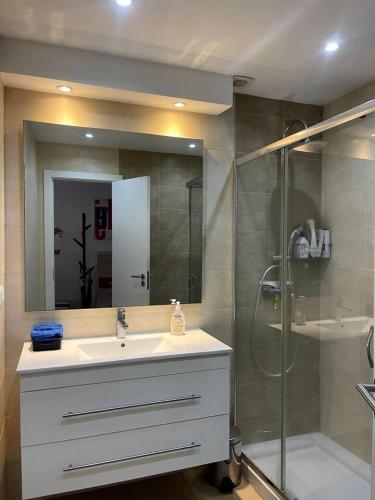 a bathroom with a sink and a shower at La Seixalia, charme e grande terraço in Seixal