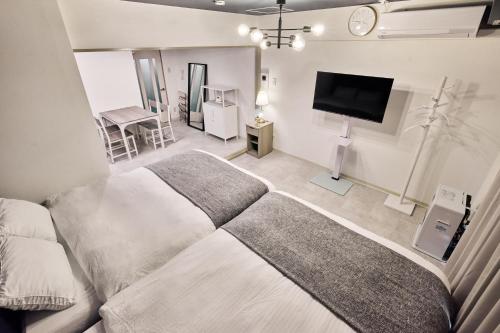 a bedroom with two beds and a flat screen tv at Make Your Hotel Susukino E in Sapporo
