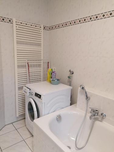 a bathroom with a washing machine and a sink at Allgäu-Idyll in Weiler-Simmerberg