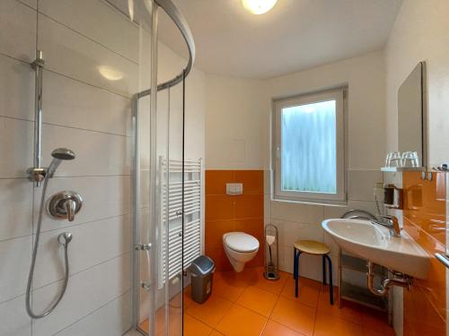 een badkamer met een wastafel, een toilet en een douche bij Hotel Waldschlösschen und Spezialitätenrestaurant in Oberhof