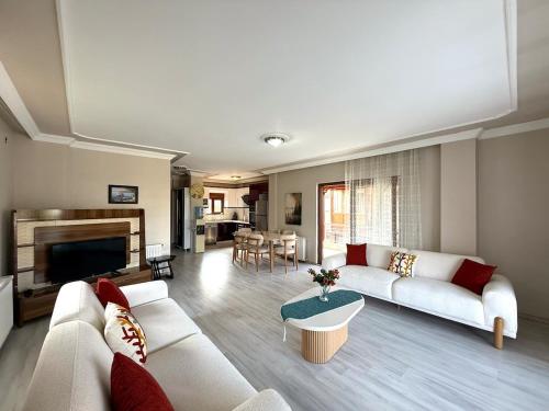 un soggiorno con divano e camino di Family Duplex Villa with Garden 150m to Beach a Ayvalık