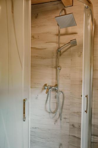 a shower in a bathroom with a wooden wall at Sosnowy Domek Piętro Zator Graboszyce Energylandia in Graboszyce