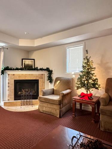 a living room with a christmas tree and a fireplace at 19th Hole Hideaway in Collingwood