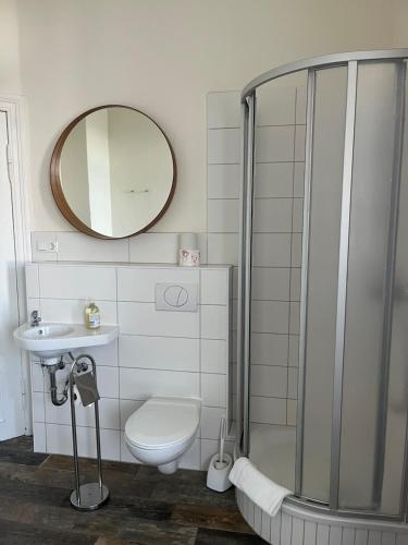 a bathroom with a shower and a toilet and a sink at Ferienwohnung Fritz in Zinnowitz