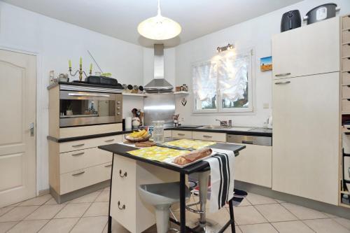 une cuisine avec un îlot au milieu dans l'établissement L'écrin sous les chênes - Wifi - Jardin, à Olivet