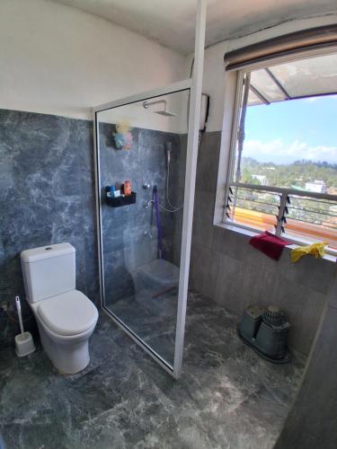 een badkamer met douche en toilet en een raam bij Ferienwohnung mit 3 Schlafzimmern und Traumblick in Bandarawela