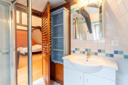 een badkamer met een wastafel en een spiegel bij Les dames de Salies in Salies-de-Béarn