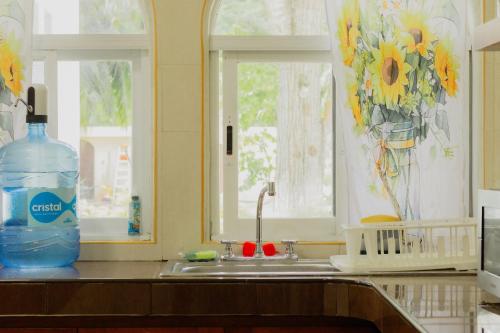 a bottle of water sitting on a kitchen sink at Departamentos Blue Bacalar in Bacalar