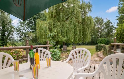 een tafel met een groene parasol en wat drankjes erop bij Ancien Moulin Restauré in Clerques