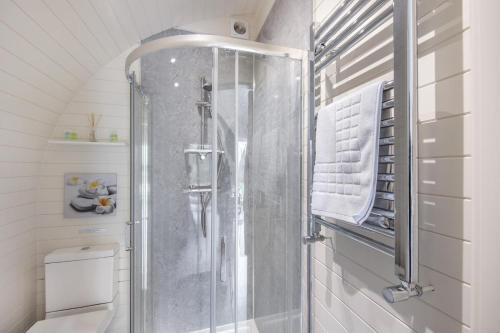 a shower stall in a bathroom with white walls at 1 Bed in Llanfyllin oc-p29023 in Llanfyllin