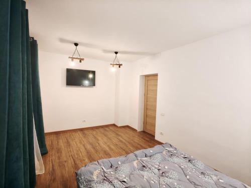 a bedroom with a bed and a tv on the wall at Studio ultracentral stefan cel mare in Craiova