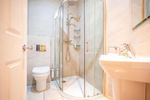 a bathroom with a shower and a toilet and a sink at Little Net House - Pittenweem in Pittenweem